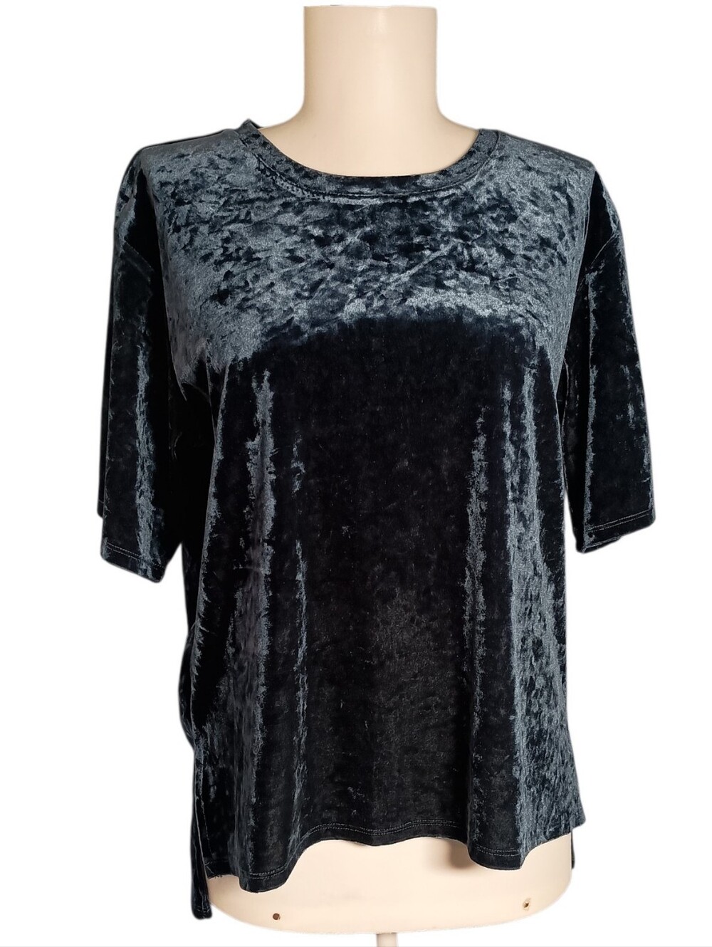 Eyeshadow Crushed Velvet Jewel Tone Turquoise Short Sleeve Shirt Top Size L Goth